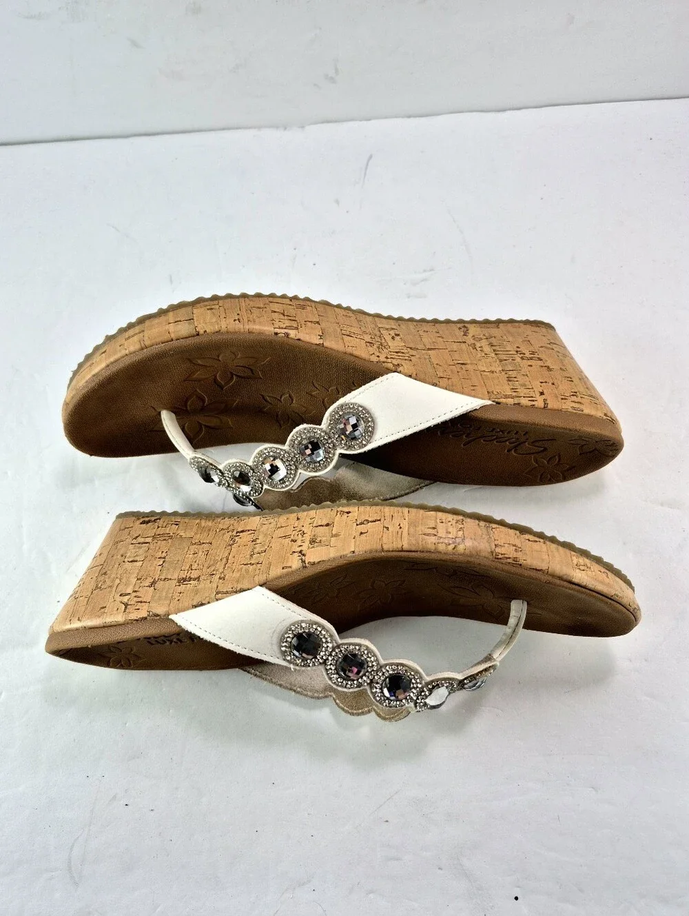 Skechers Cali Beverlee Bizzy Babe Rhinestone Cork Wedge Sandals White Size 7
